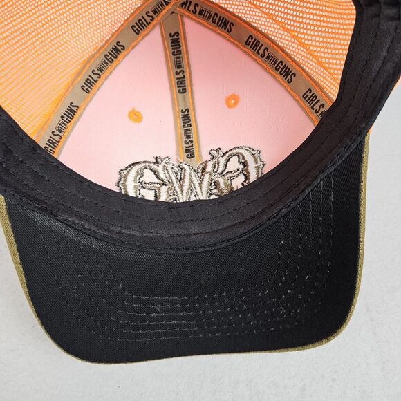GIRLS WITH GUNS MESH TRUCKER CURVED BILL SNAPBACK HAT NEON ORANGE PONYTAIL HOLE - Picture 7 of 10
